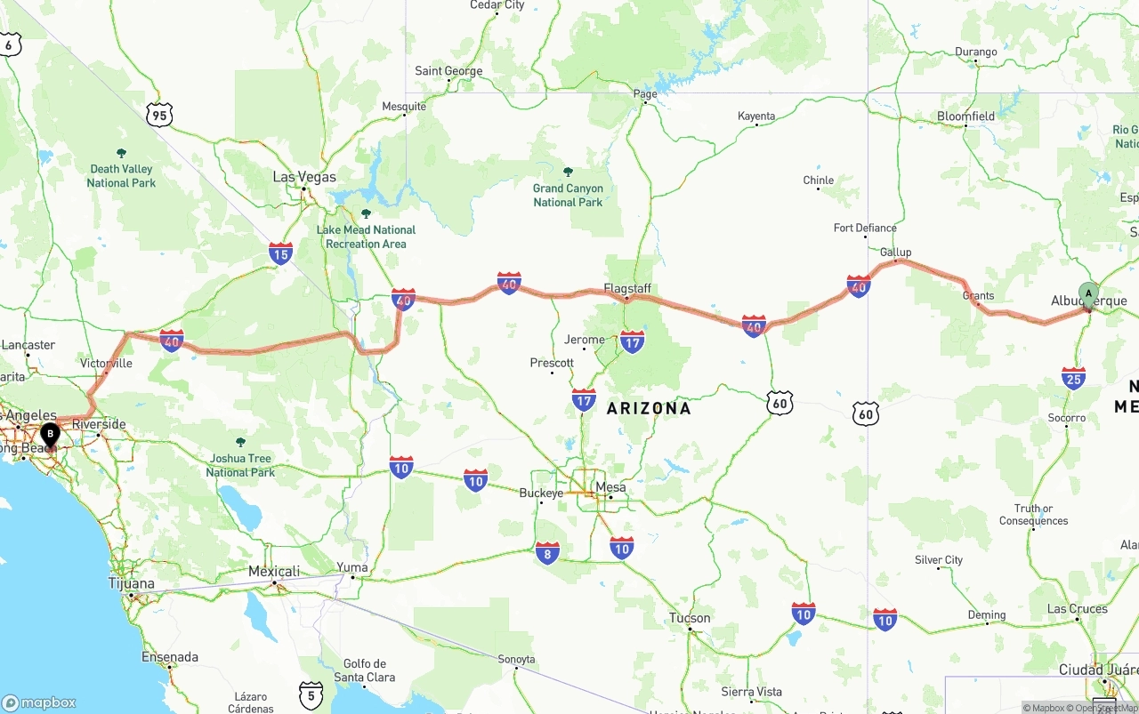 Shipping route from Albuquerque to Anaheim