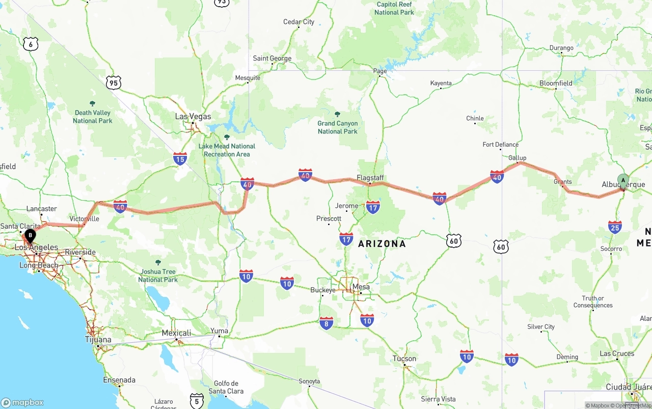 Shipping route from Albuquerque to Bob Hope Airport
