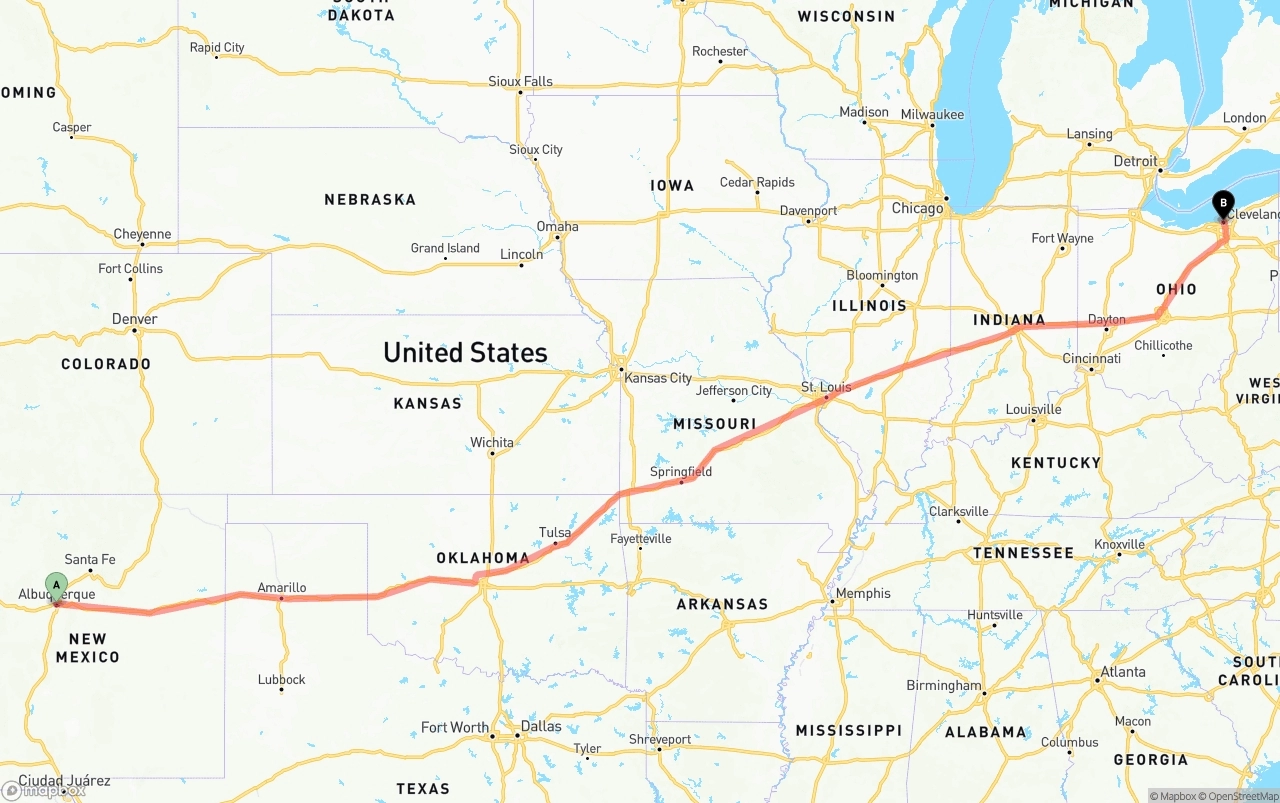Shipping route from Albuquerque to Cleveland
