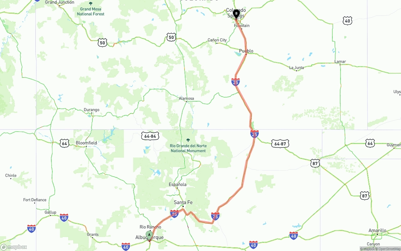 Shipping route from Albuquerque to Colorado Springs