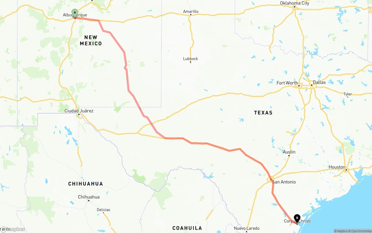Shipping route from Albuquerque to Corpus Christi