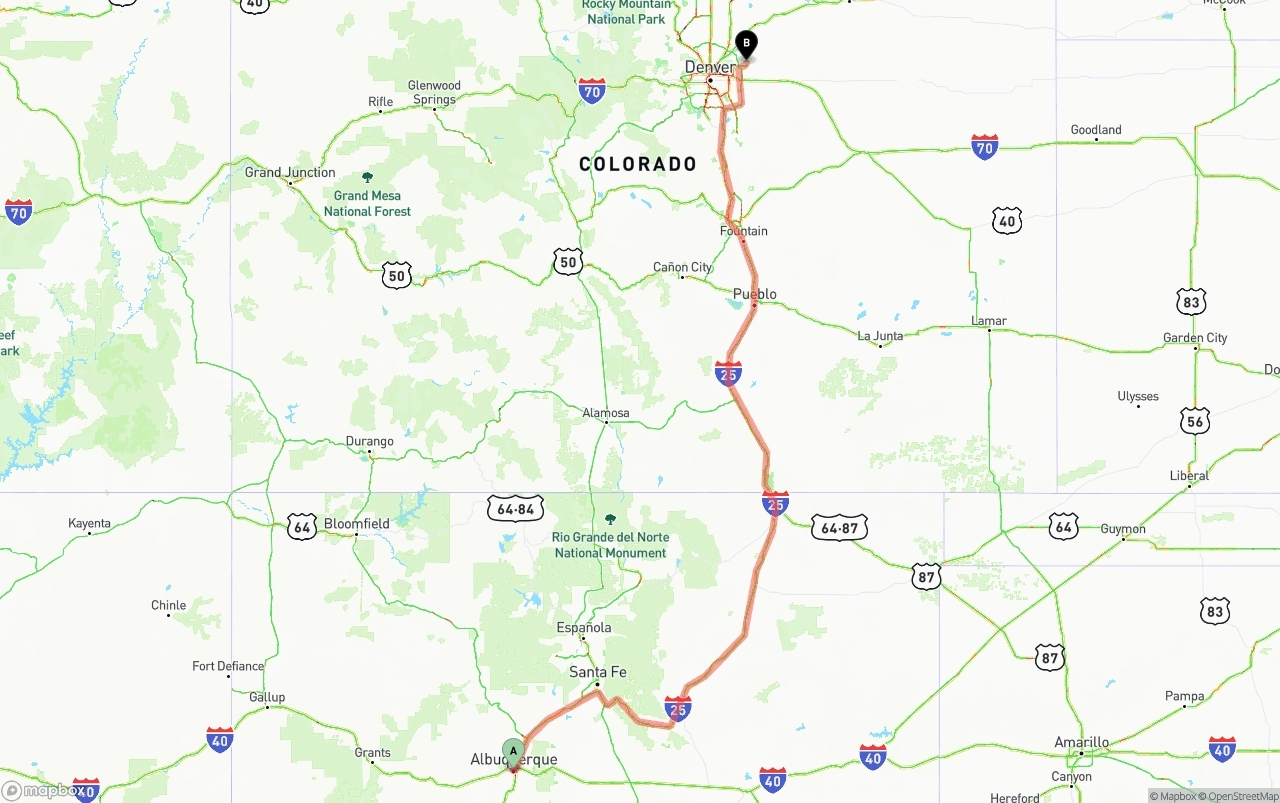 Shipping route from Albuquerque to Denver International Airport