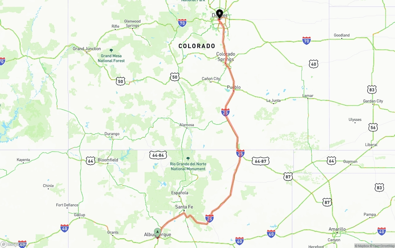 Shipping route from Albuquerque to Denver