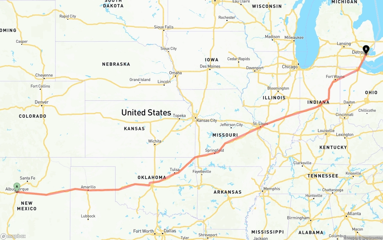 Shipping route from Albuquerque to Detroit