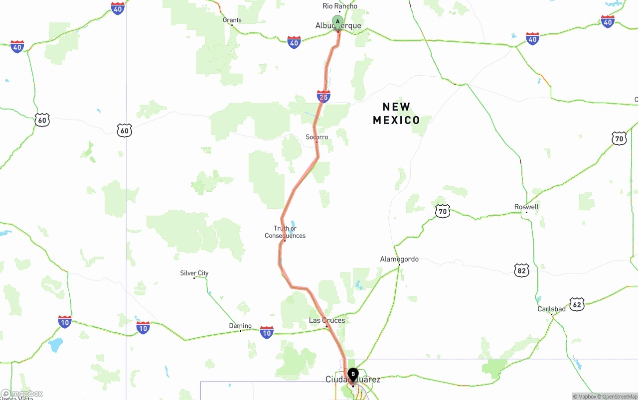Shipping route from Albuquerque to El Paso