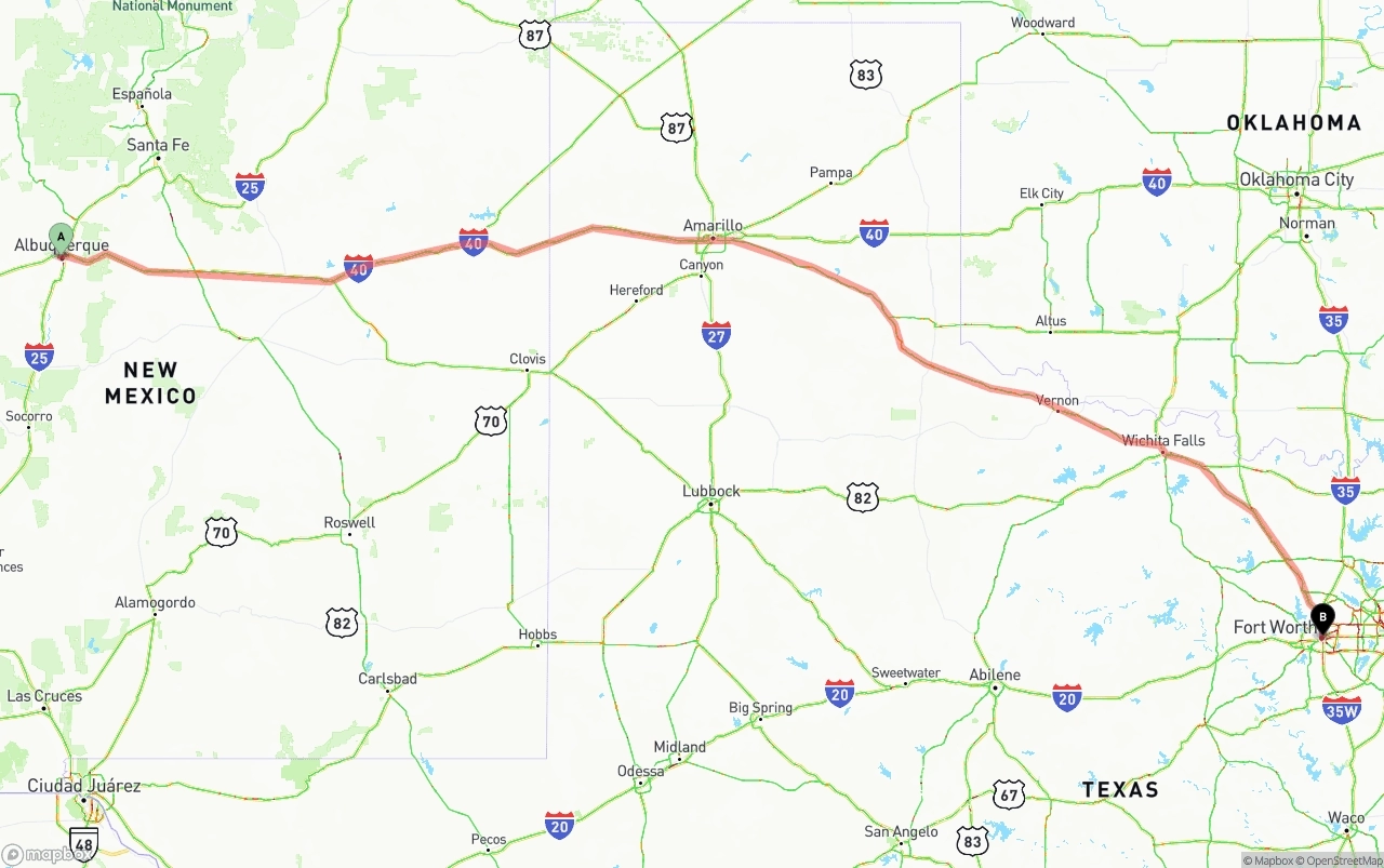 Shipping route from Albuquerque to Fort Worth