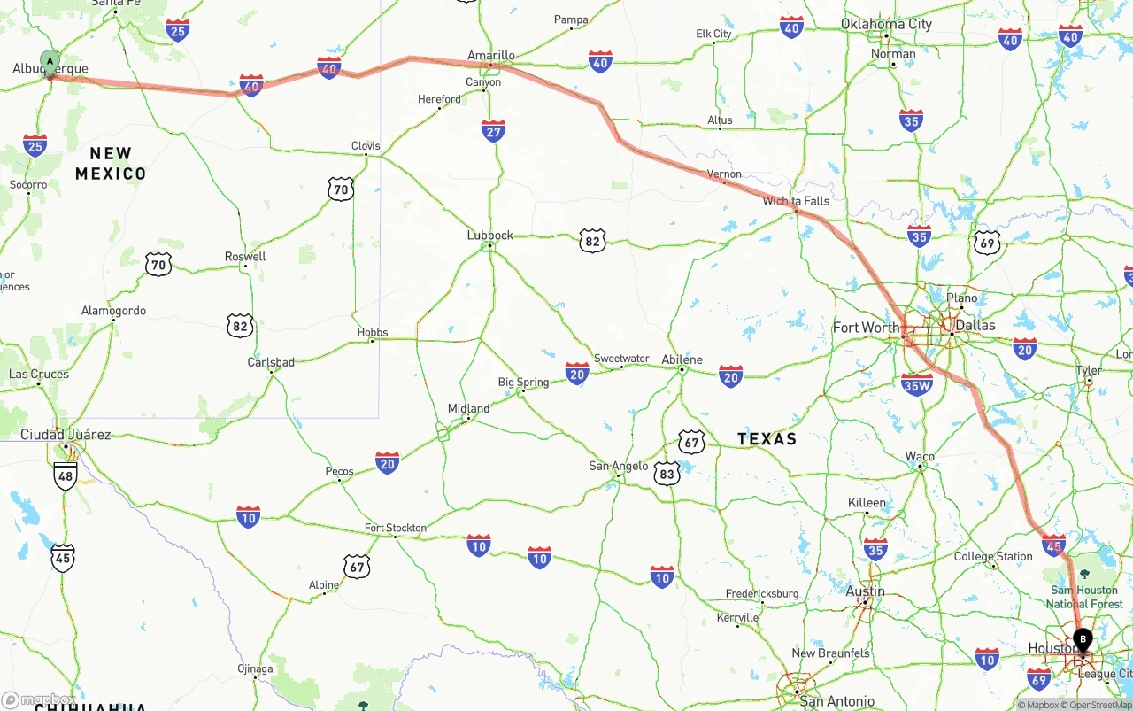 Shipping route from Albuquerque to Houston