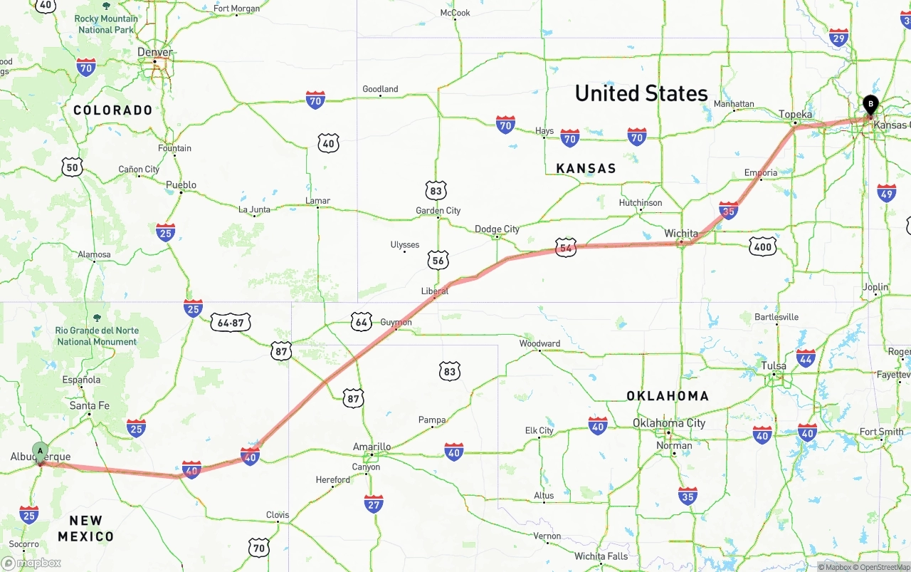 Shipping route from Albuquerque to Kansas City