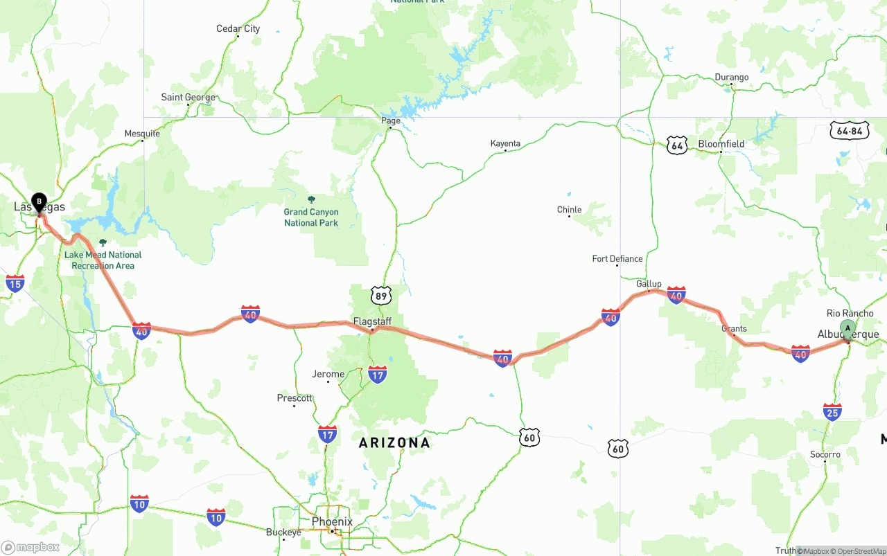 Shipping route from Albuquerque to Las Vegas