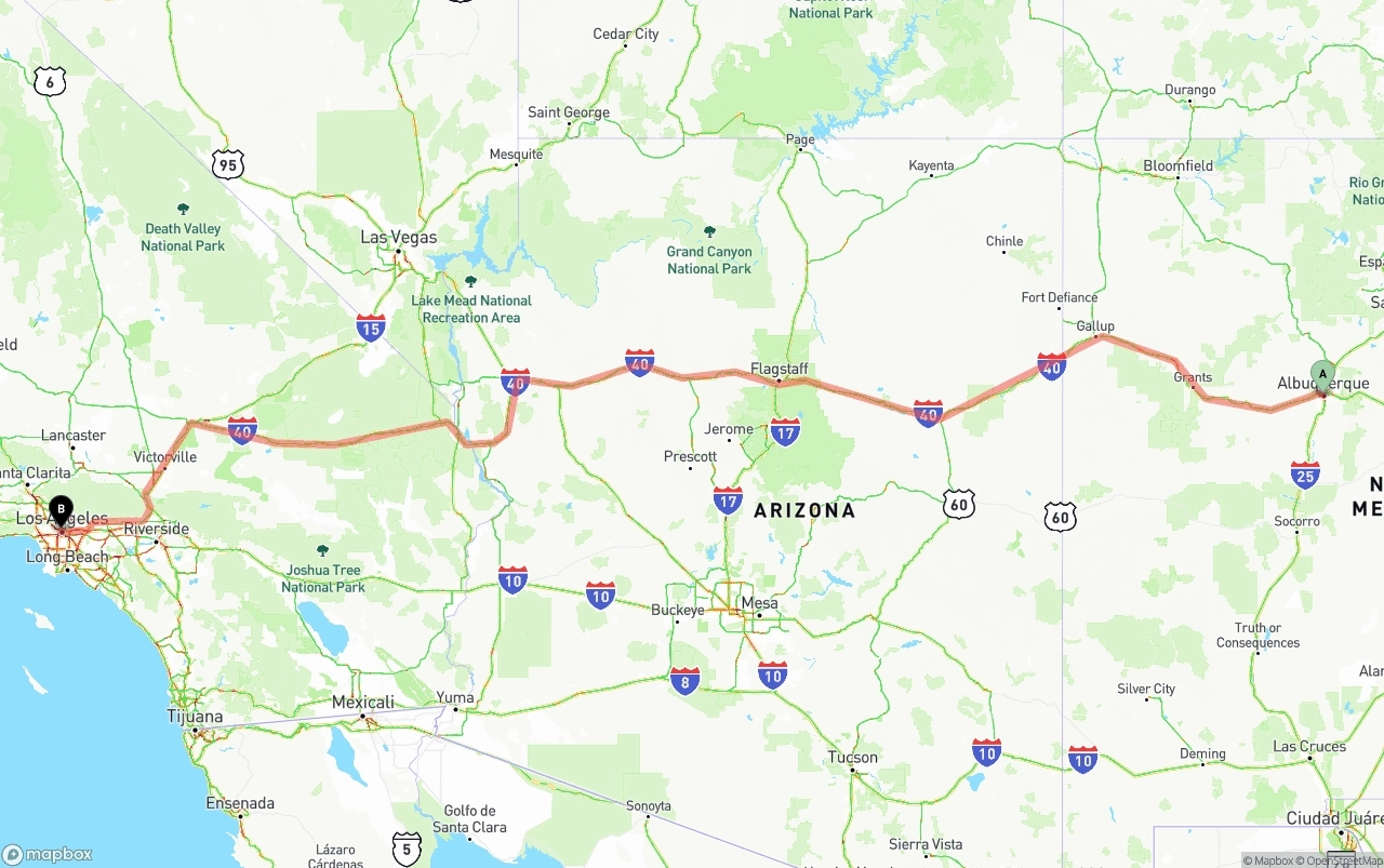 Shipping route from Albuquerque to Los Angeles