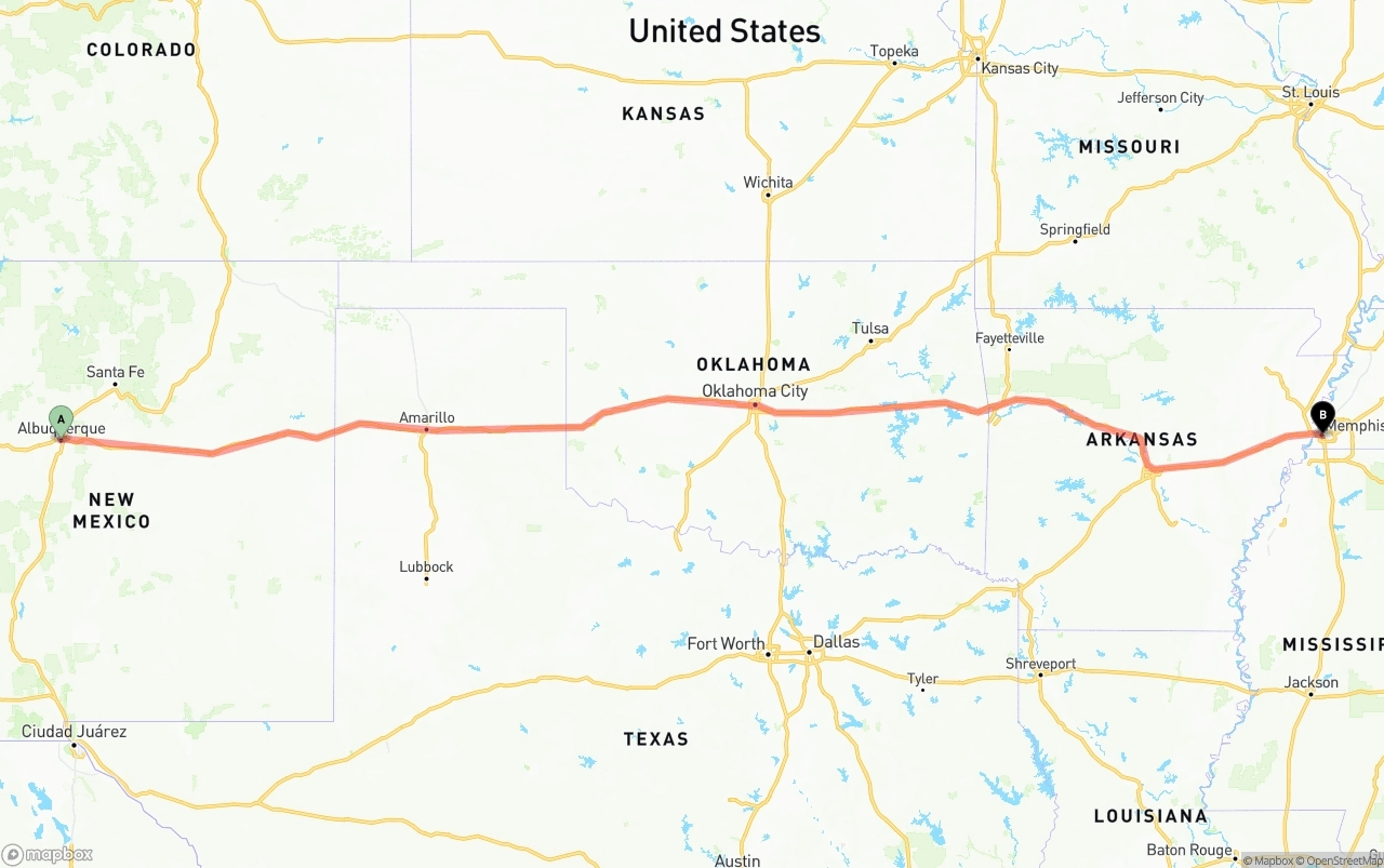 Shipping route from Albuquerque to Memphis