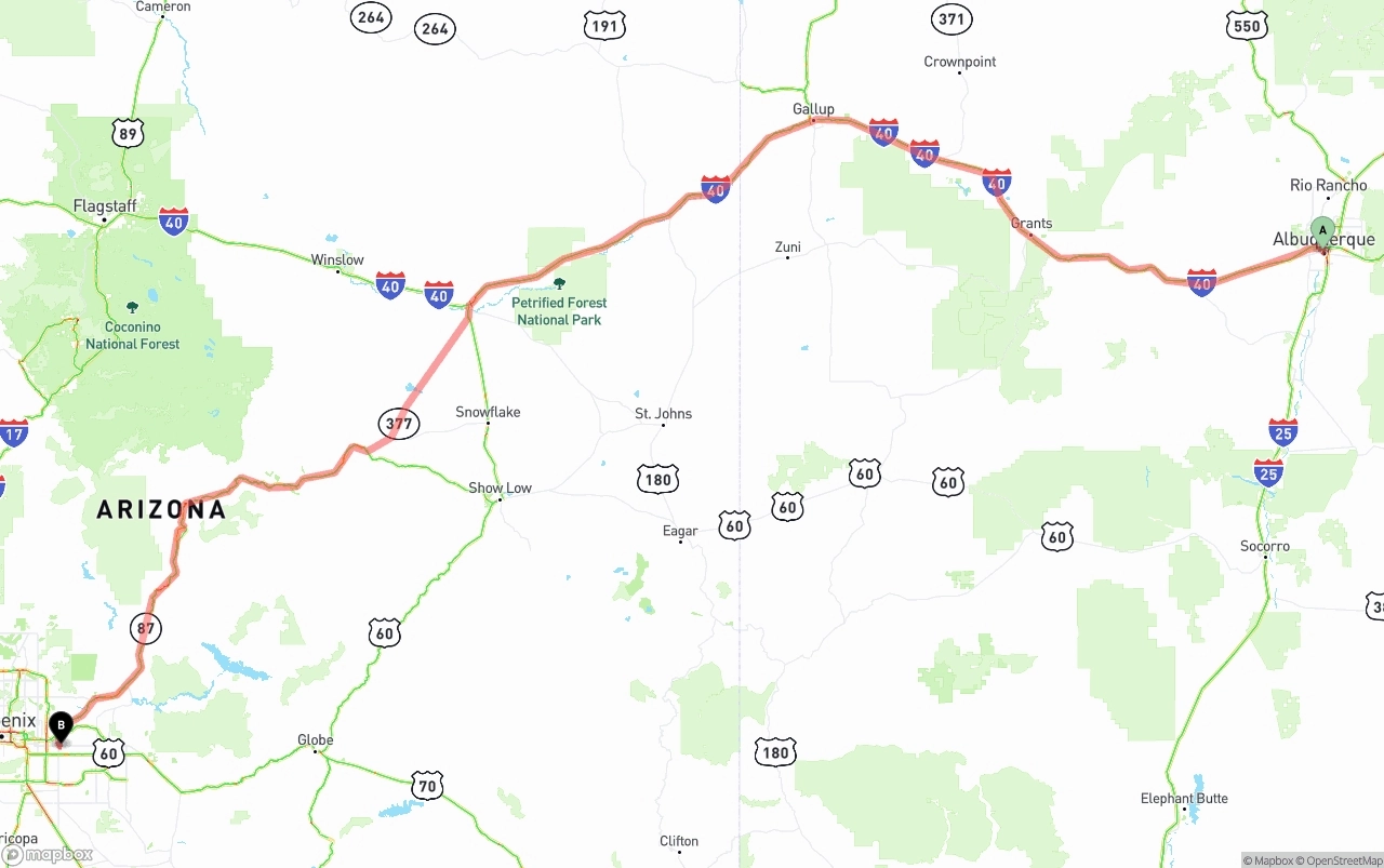 Shipping route from Albuquerque to Mesa