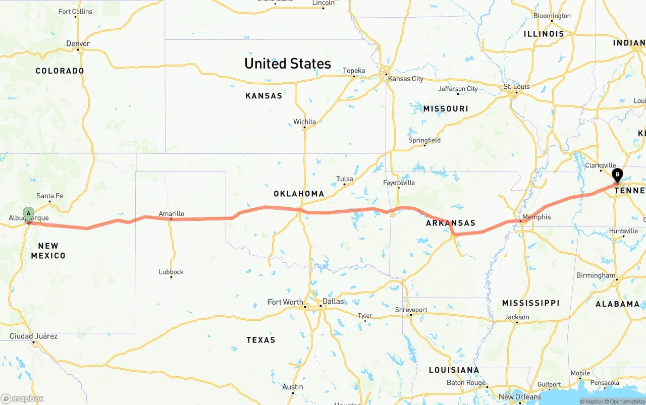 Shipping route from Albuquerque to Nashville