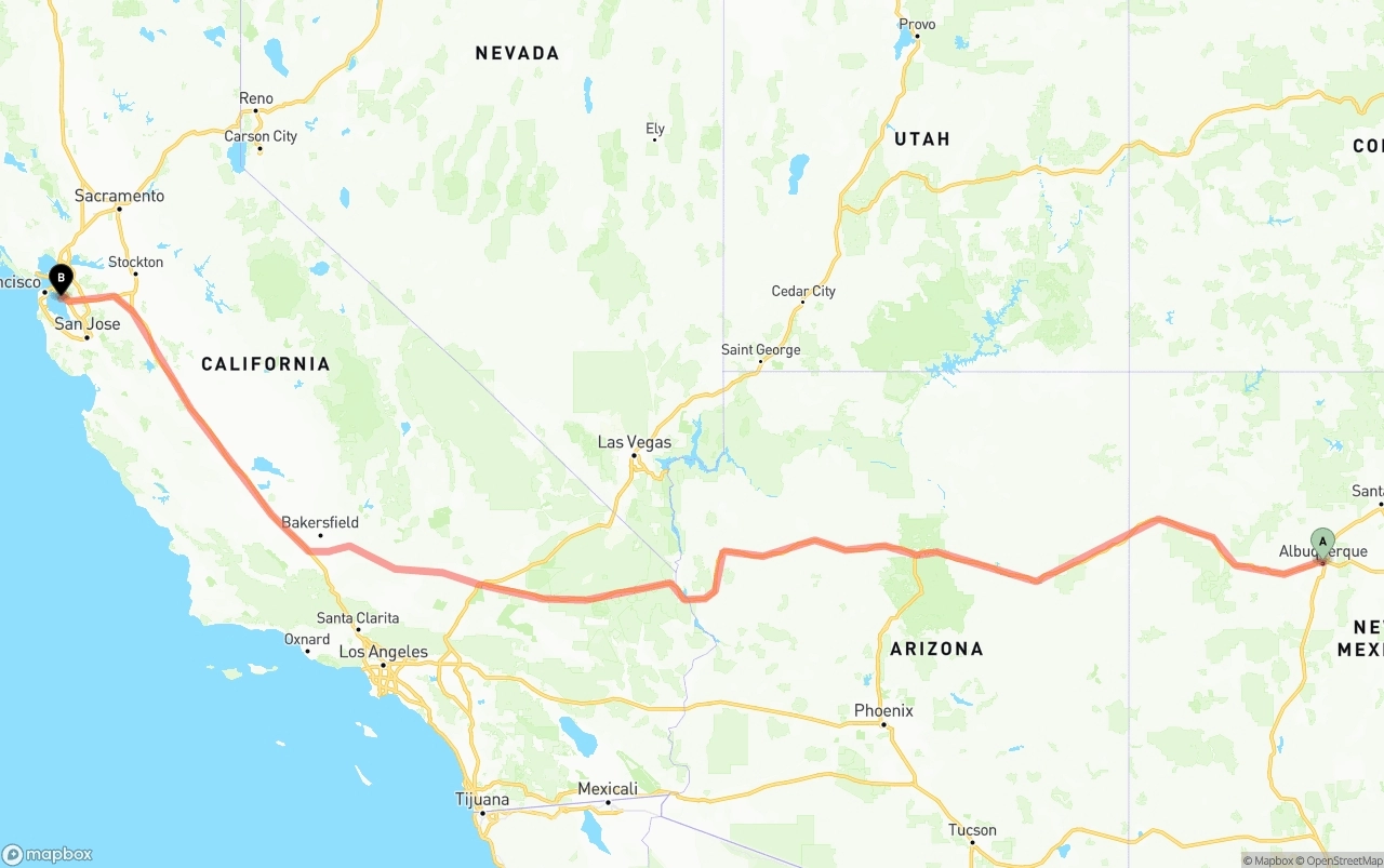 Shipping route from Albuquerque to Oakland International Airport