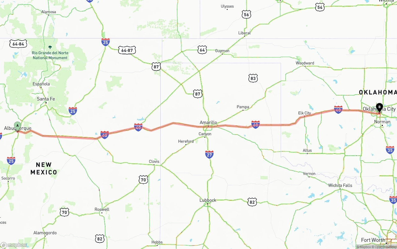 Shipping route from Albuquerque to Oklahoma City