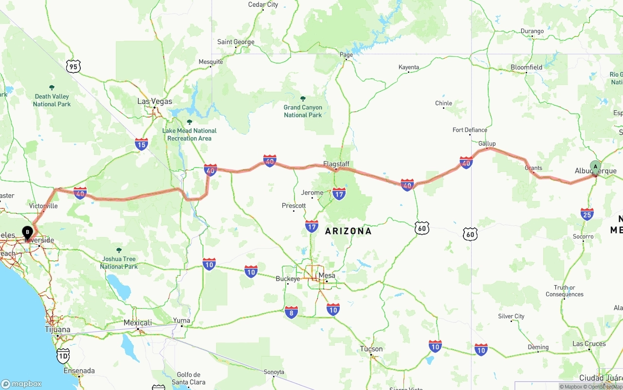 Shipping route from Albuquerque to Ontario International Airport