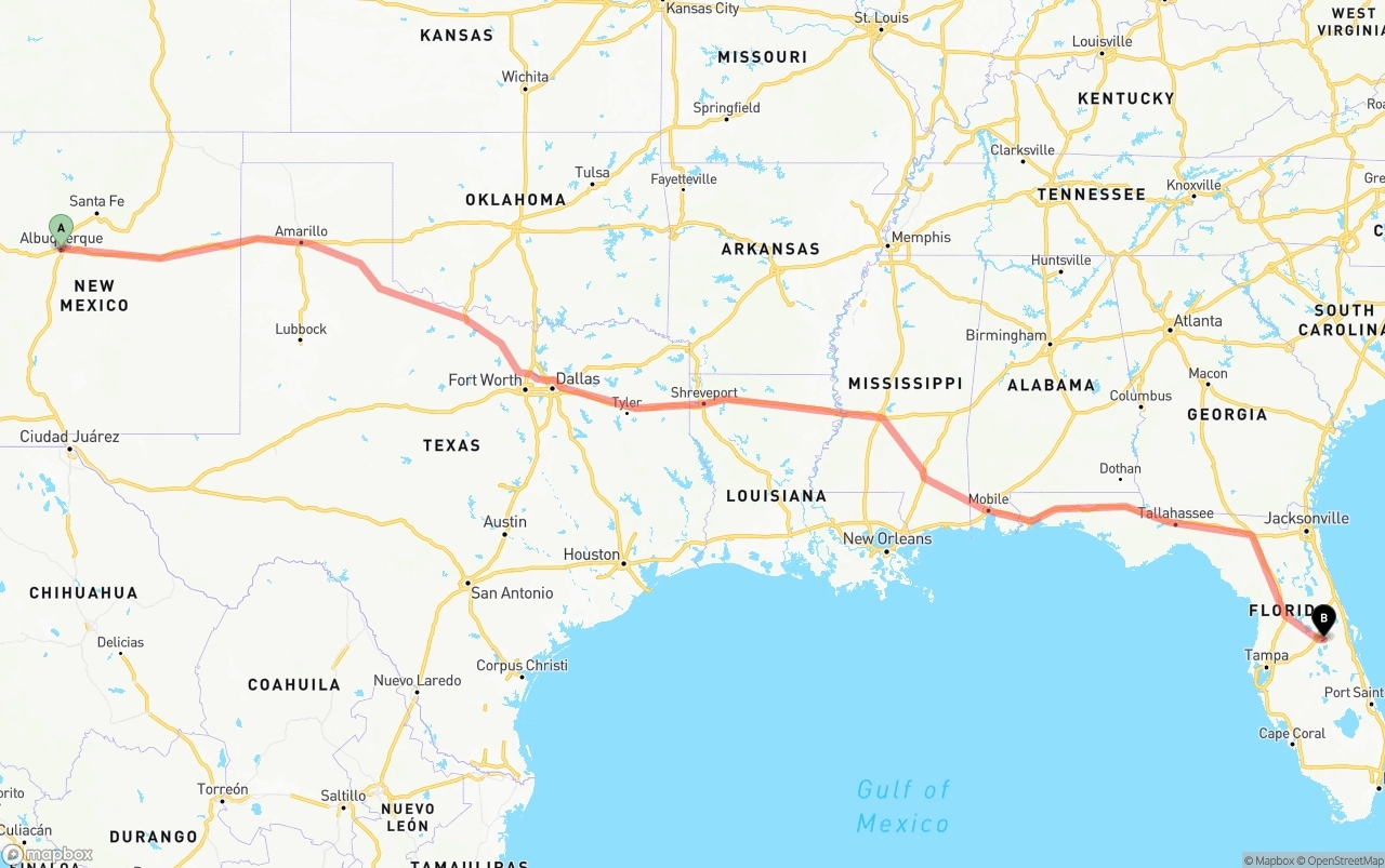 Shipping route from Albuquerque to Orlando International Airport