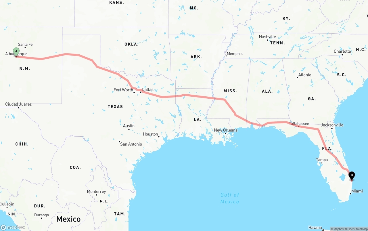 Shipping route from Albuquerque to Palm Beach International Airport