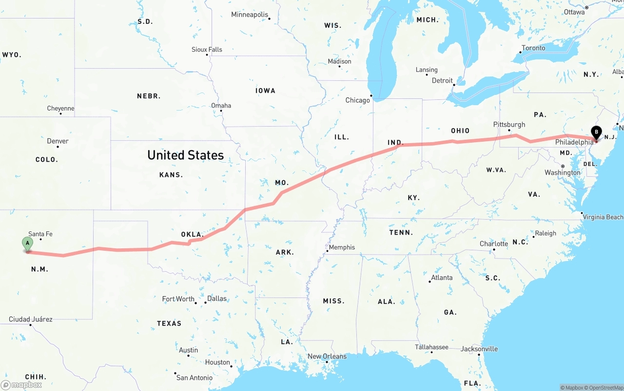 Shipping route from Albuquerque to Philadelphia