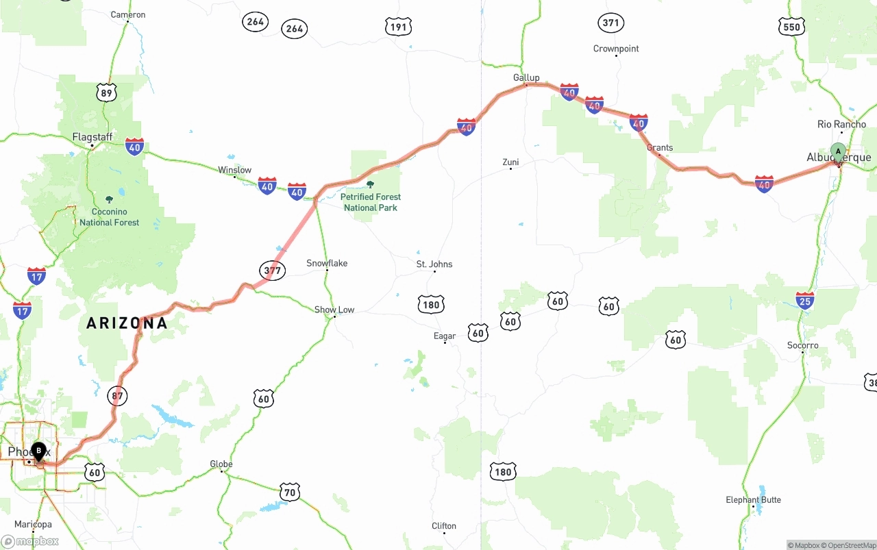 Shipping route from Albuquerque to Phoenix Sky Harbor International Airport