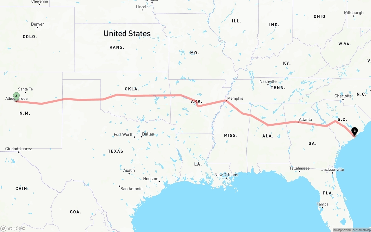 Shipping route from Albuquerque to Port of Charleston