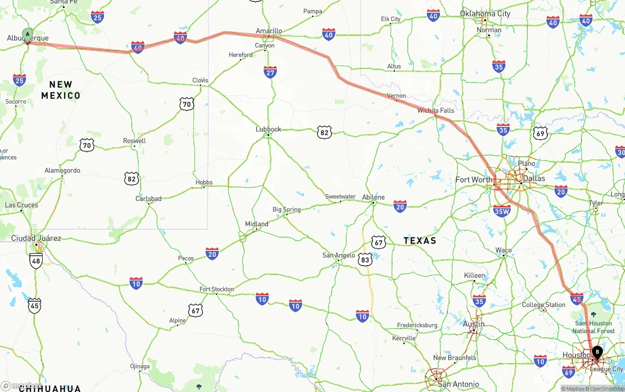 Shipping route from Albuquerque to Port of Houston