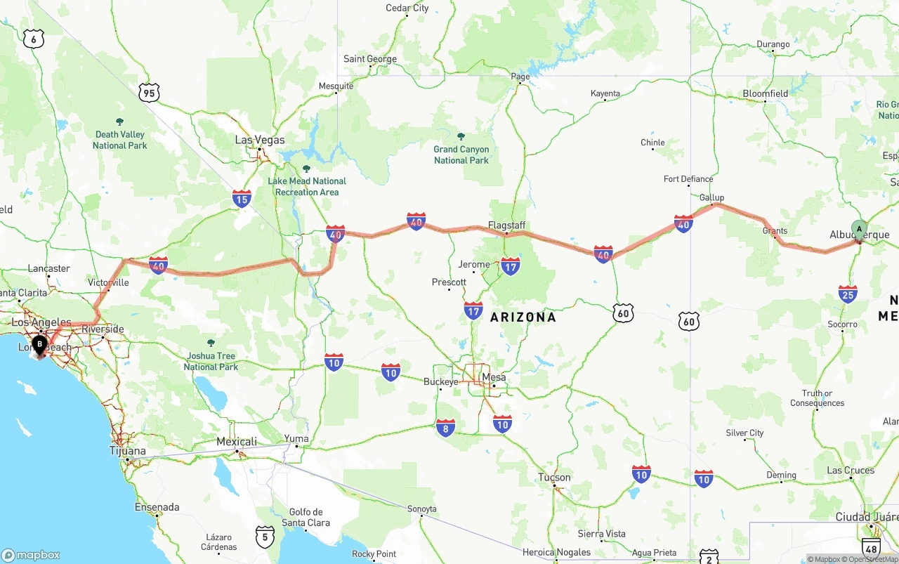 Shipping route from Albuquerque to Port of Los Angeles