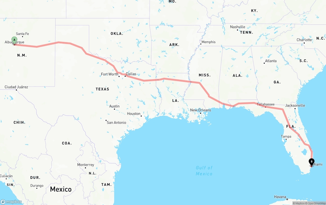 Shipping route from Albuquerque to Port of Miami