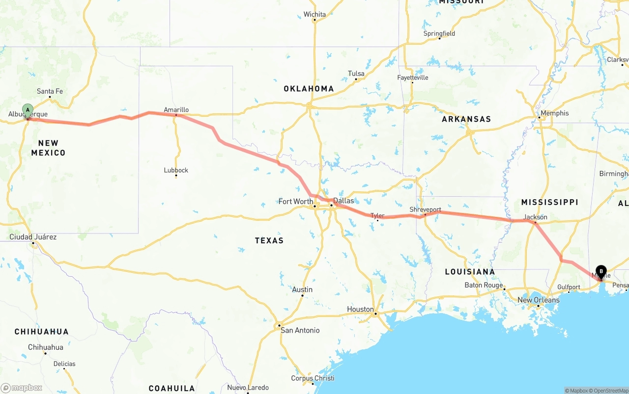 Shipping route from Albuquerque to Port of Mobile