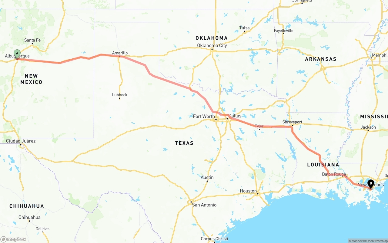 Shipping route from Albuquerque to Port of New Orleans