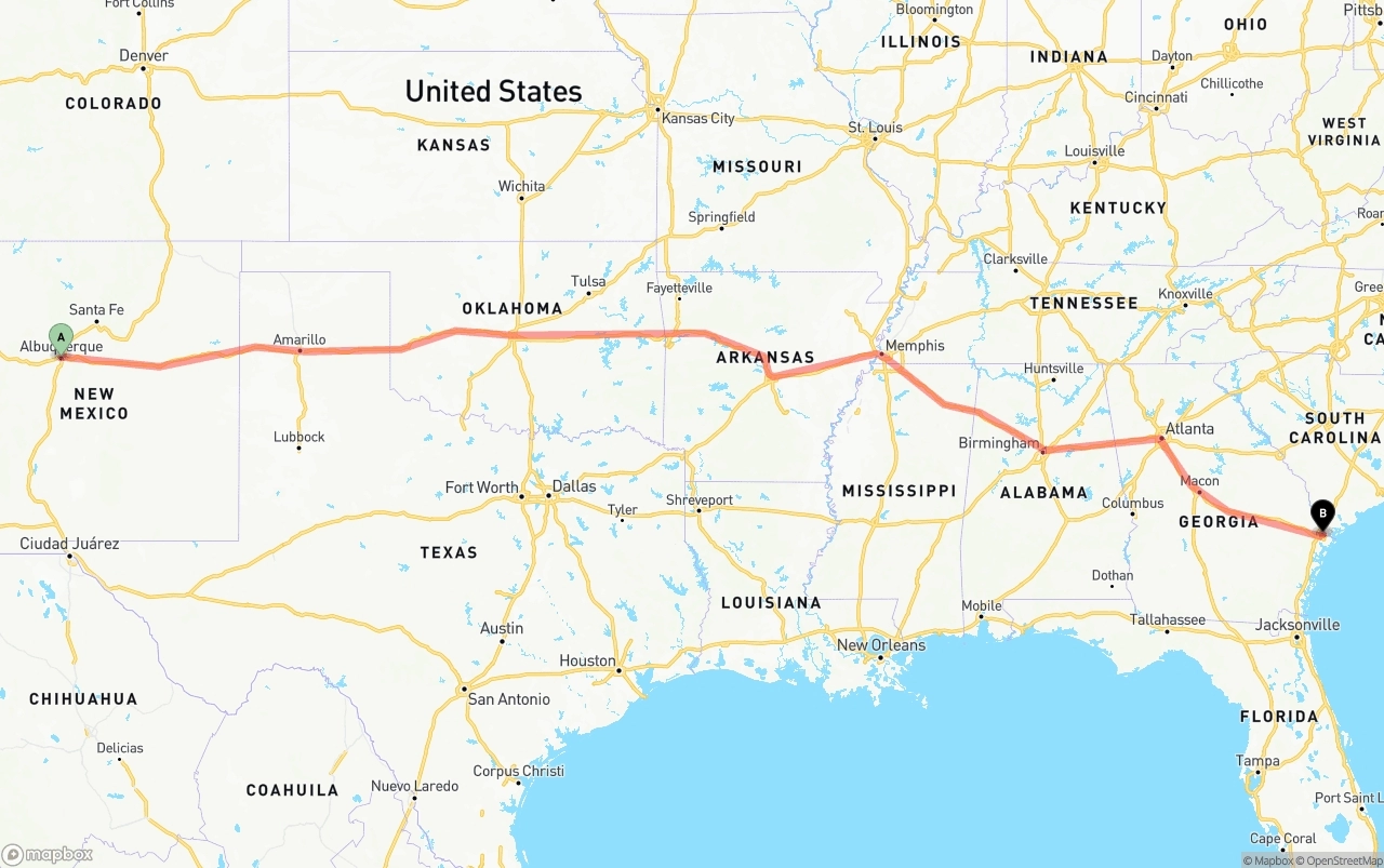 Shipping route from Albuquerque to Port of Savannah