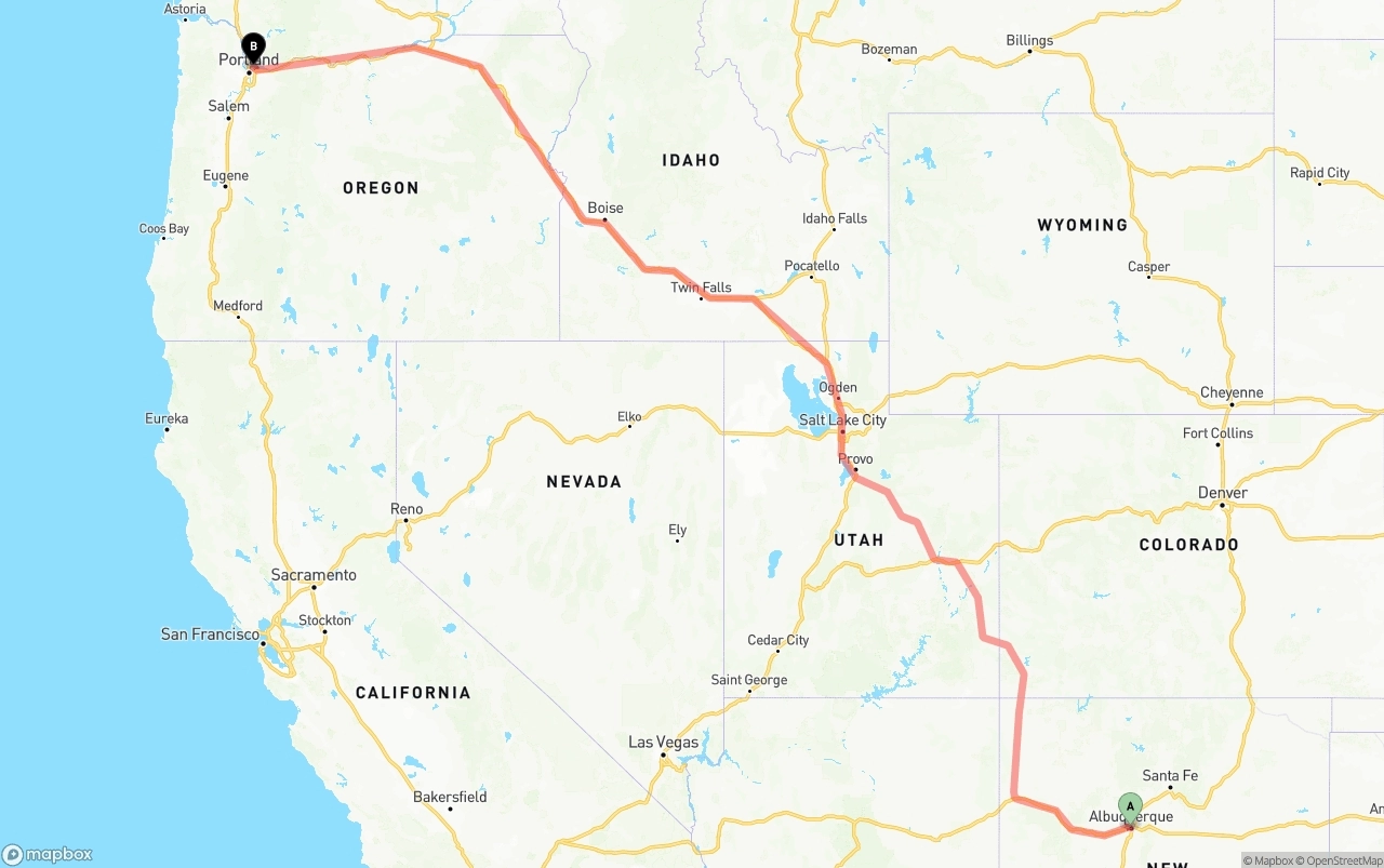 Shipping route from Albuquerque to Portland International Airport