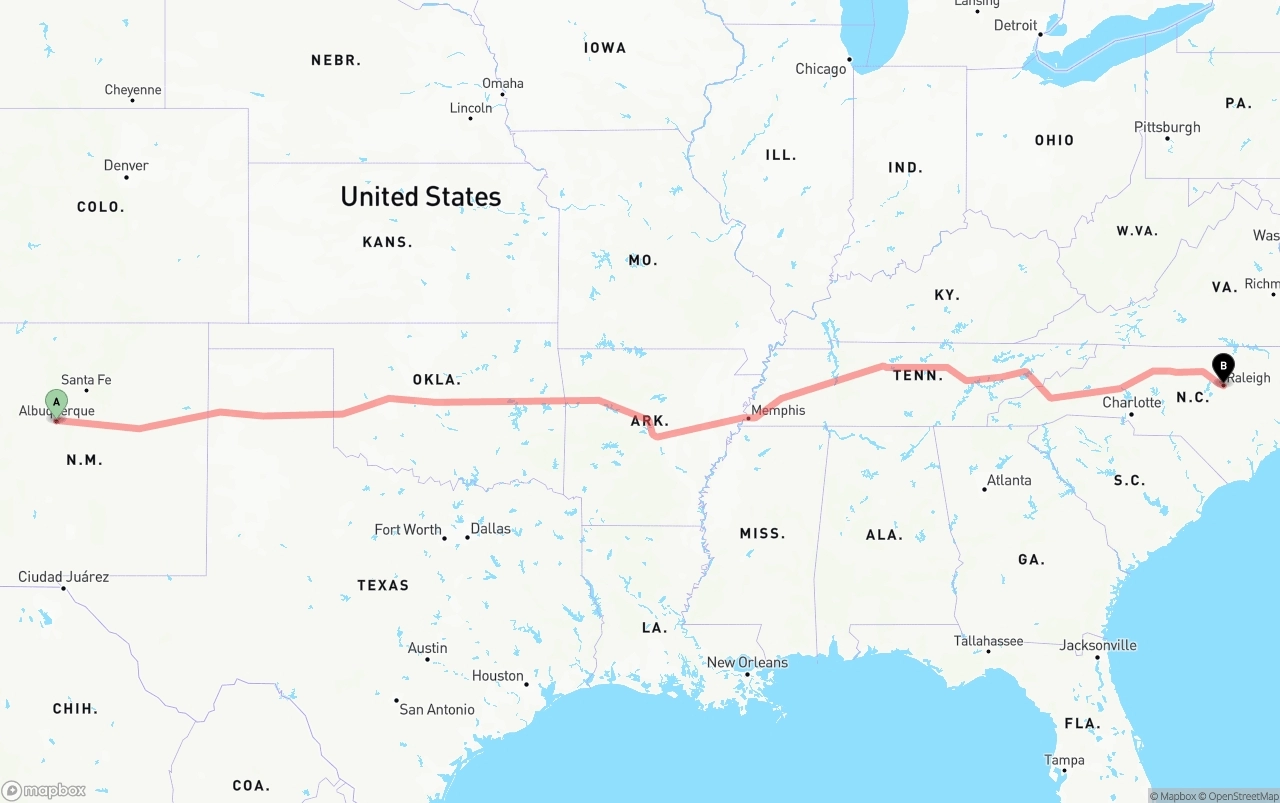 Shipping route from Albuquerque to Raleigh