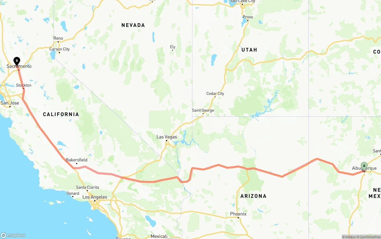 Shipping route from Albuquerque to Sacramento International Airport