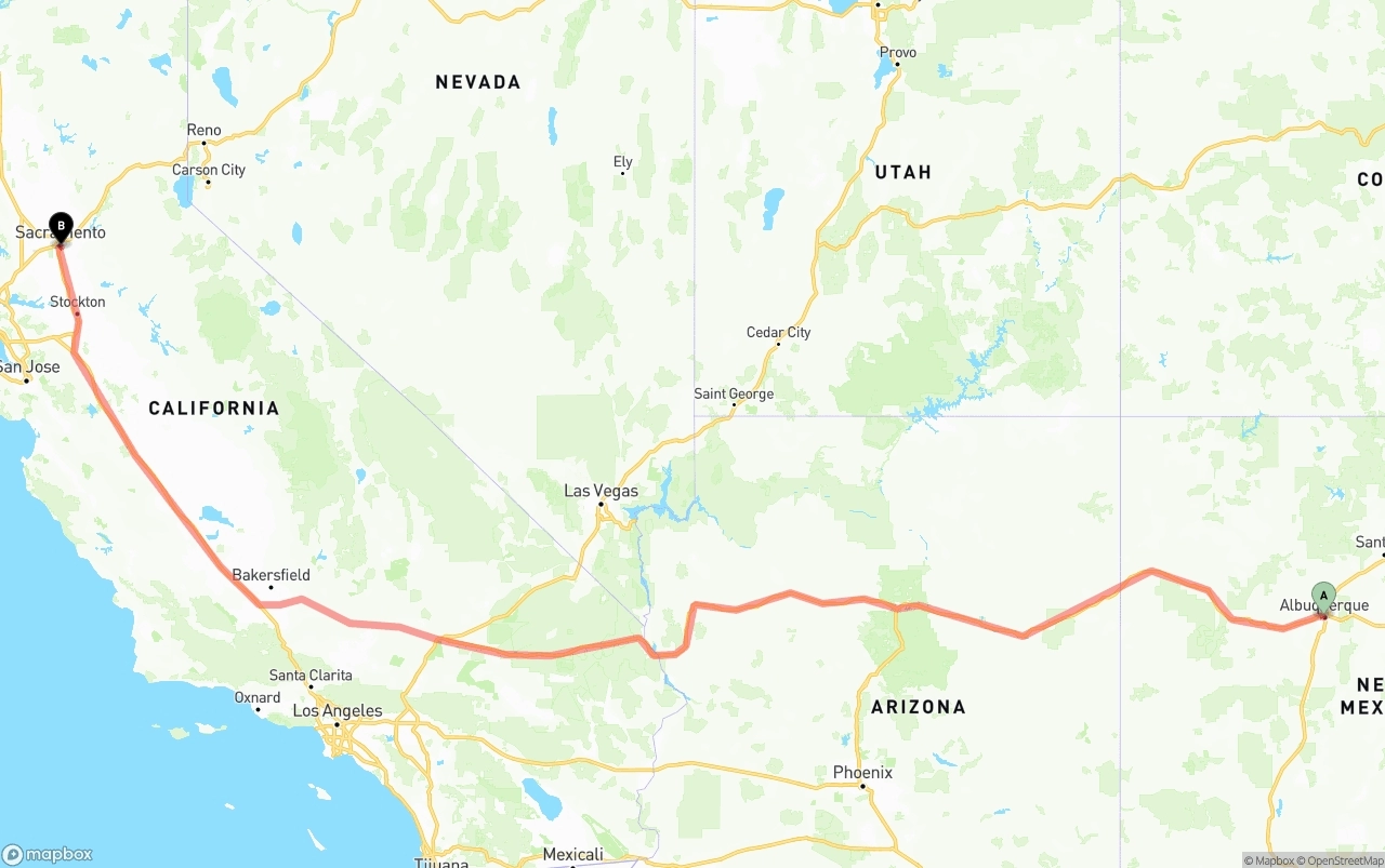 Shipping route from Albuquerque to Sacramento
