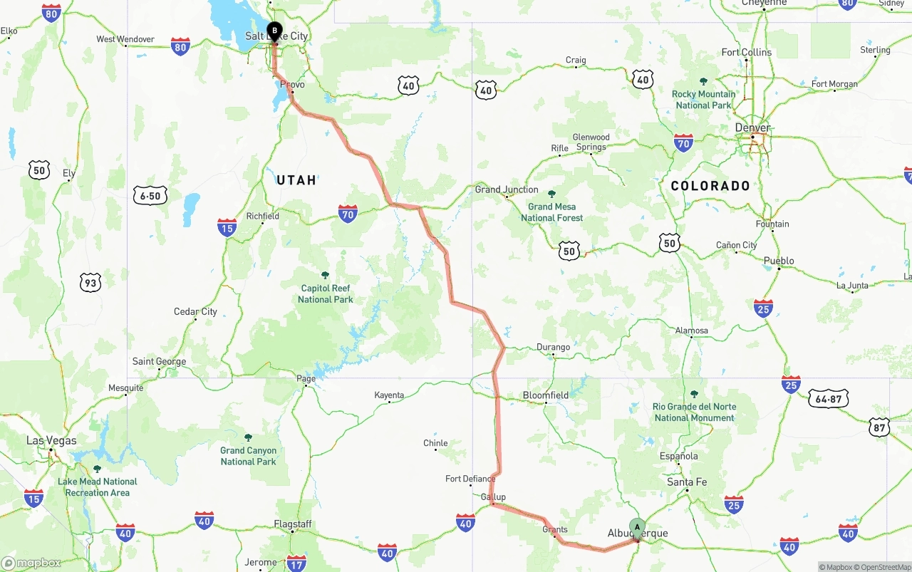 Shipping route from Albuquerque to Salt Lake City