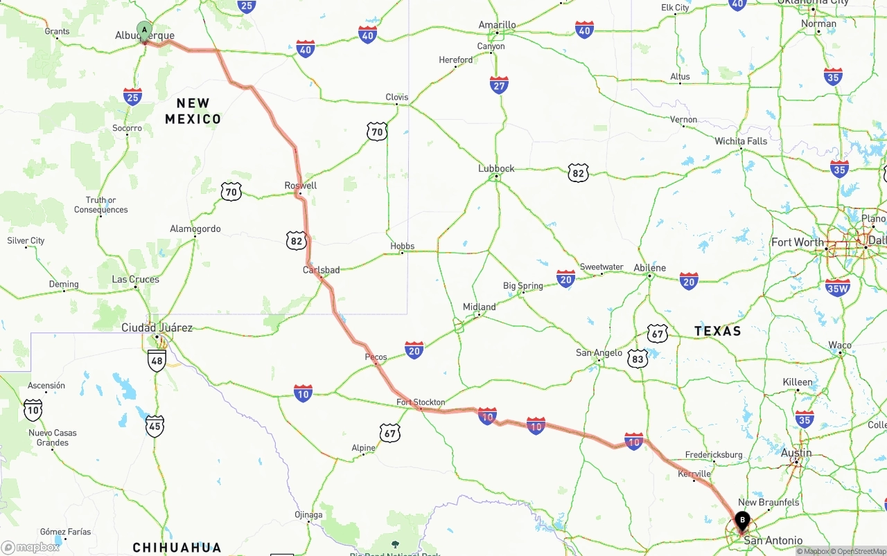 Shipping route from Albuquerque to San Antonio