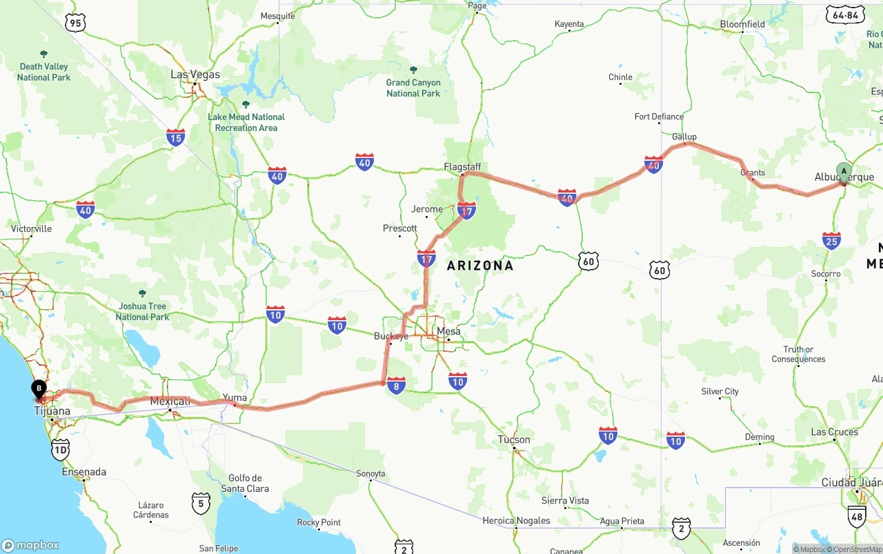 Shipping route from Albuquerque to San Diego International Airport
