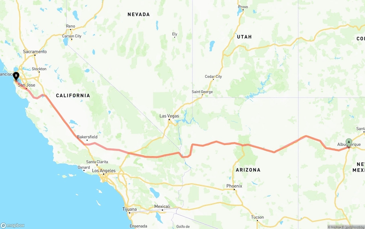 Shipping route from Albuquerque to San Francisco International Airport