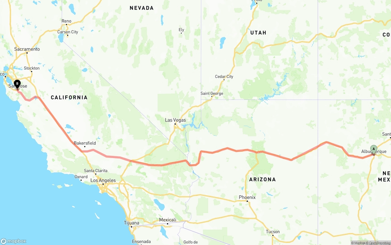 Shipping route from Albuquerque to San Jose