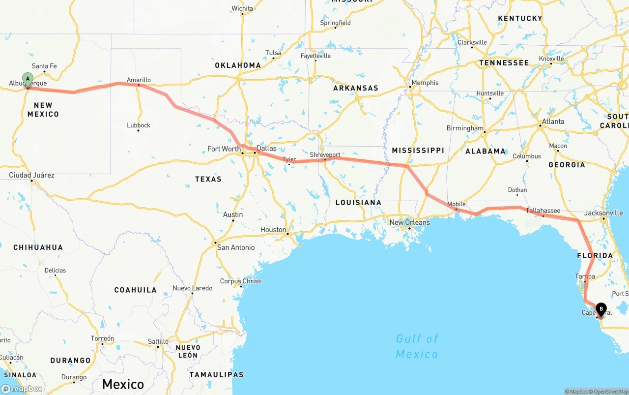 Shipping route from Albuquerque to Southwest Florida International Airport