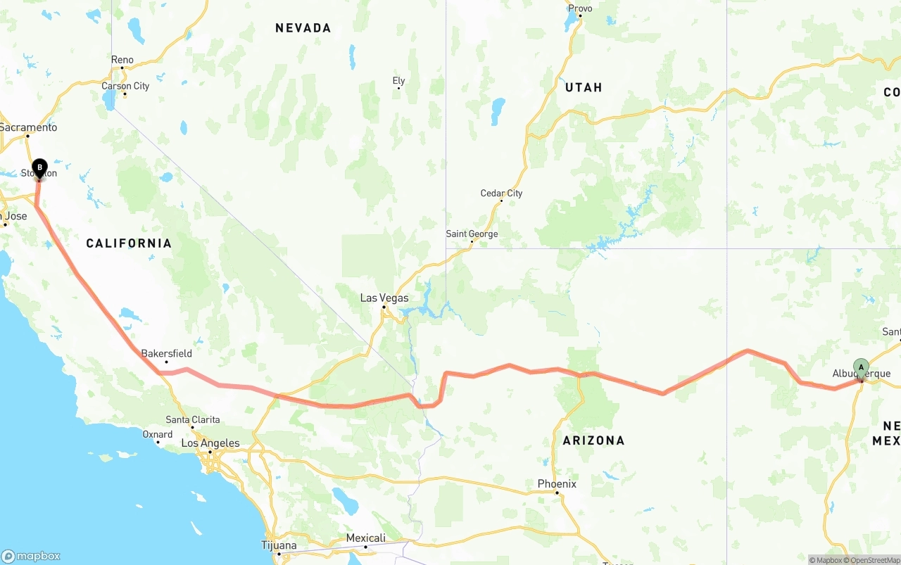 Shipping route from Albuquerque to Stockton