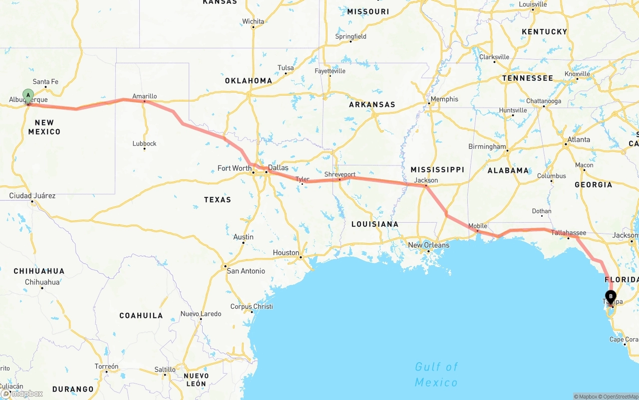 Shipping route from Albuquerque to Tampa International Airport