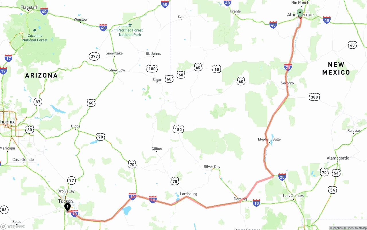 Shipping route from Albuquerque to Tucson International Airport