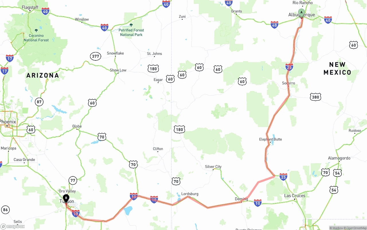 Shipping route from Albuquerque to Tucson