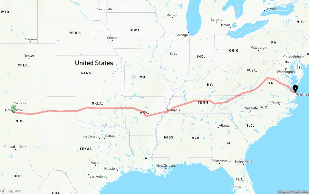Shipping route from Albuquerque to Virginia Beach