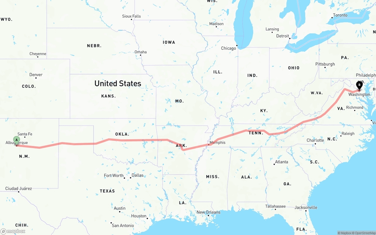 Shipping route from Albuquerque to Washington D.C.
