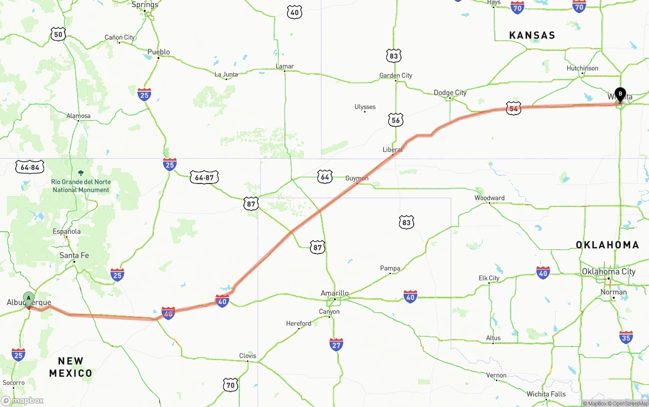Shipping route from Albuquerque to Wichita