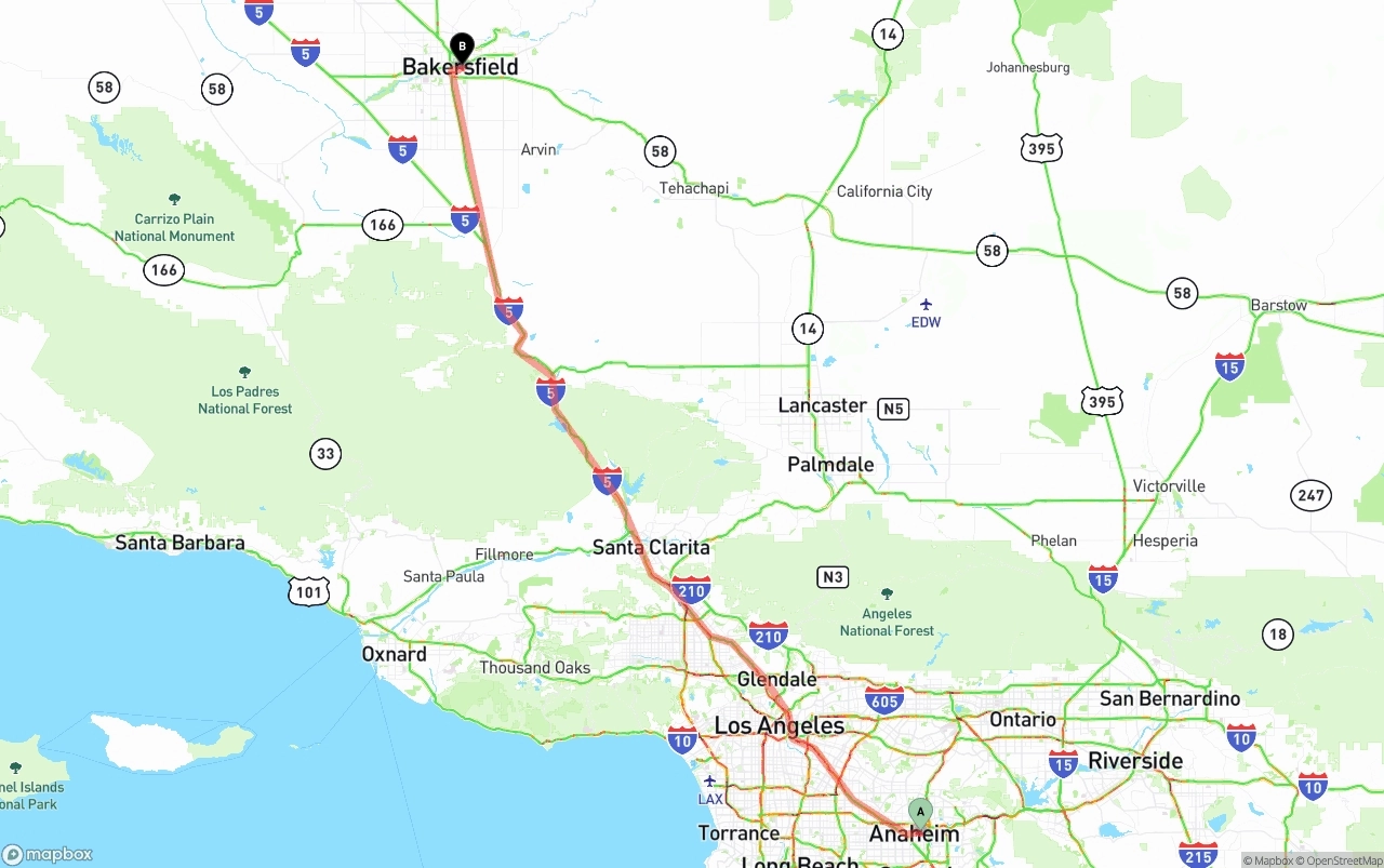 Shipping route from Anaheim to Bakersfield