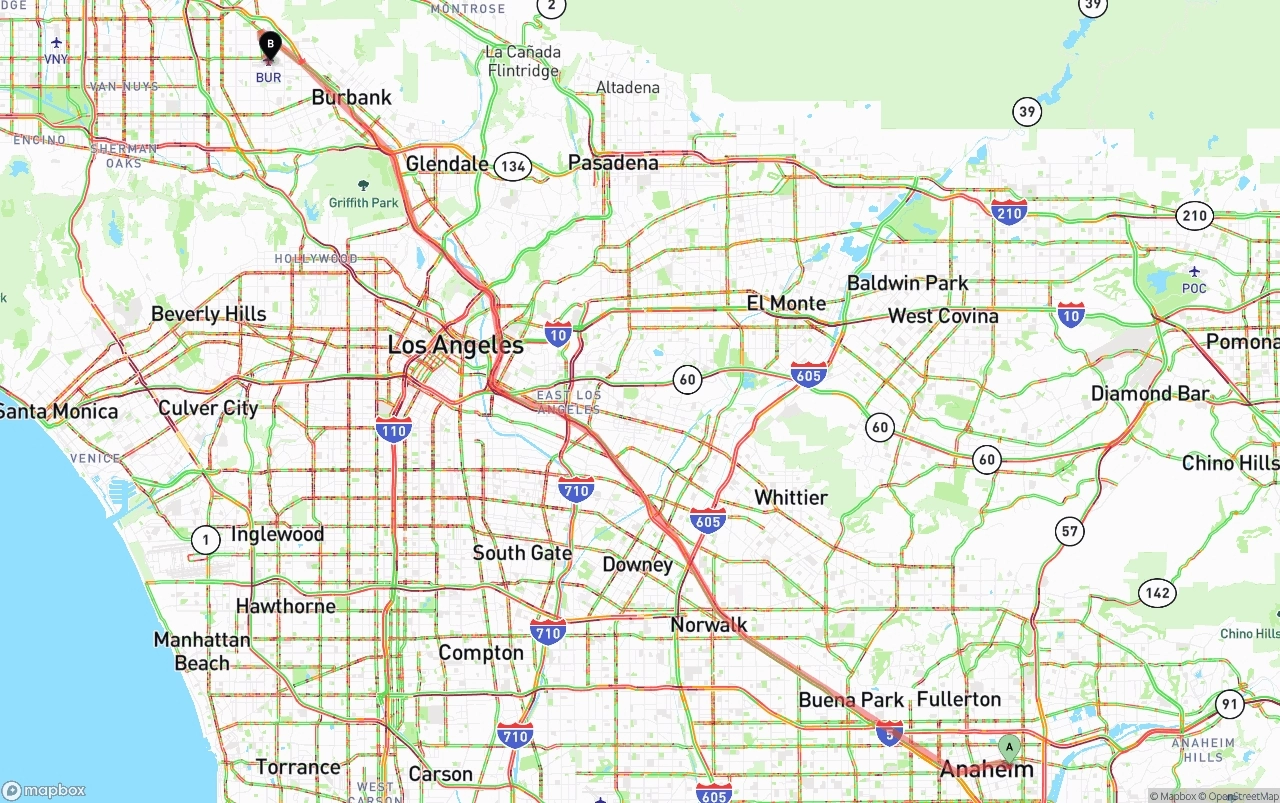 Shipping route from Anaheim to Bob Hope Airport